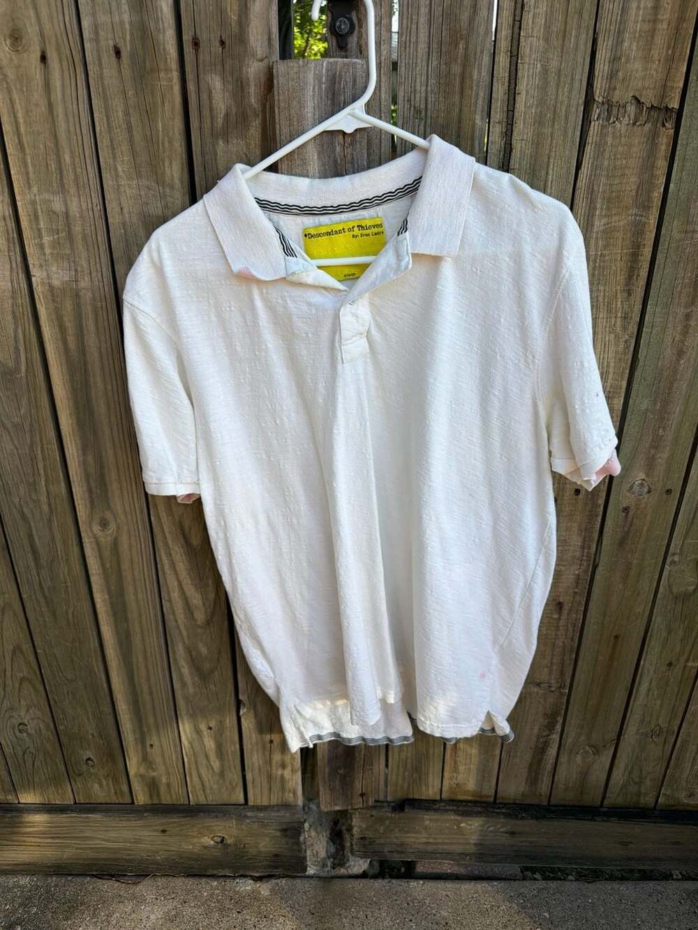 Descendant of Thieves White Slub Cotton Polo Shirt with Pink Trim Size XL